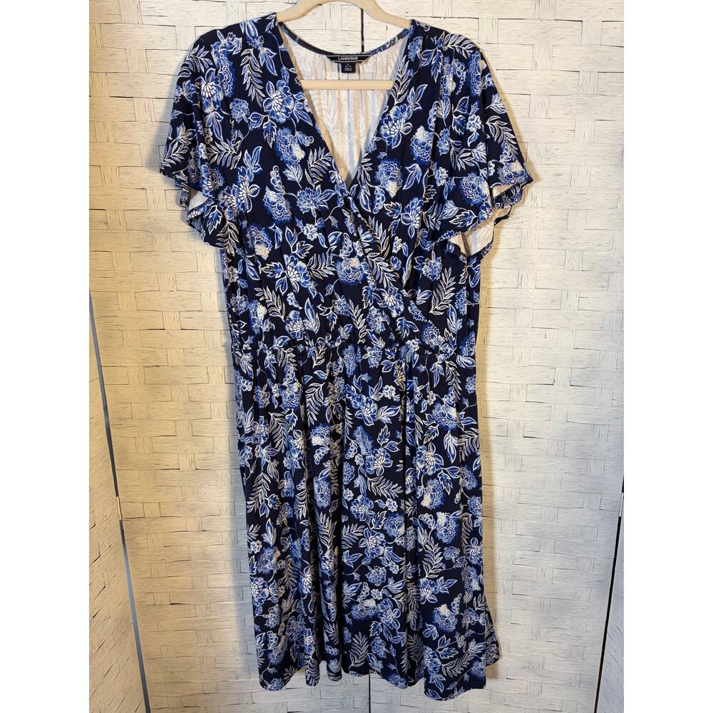 Lands'End women's mini dress v-neck fluor knit flutter sleeve romantic plus size